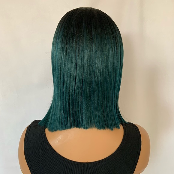 14” Ombre Green (hint of Blue) Premium Fiber Lace Front Wig - Picture 5 of 5